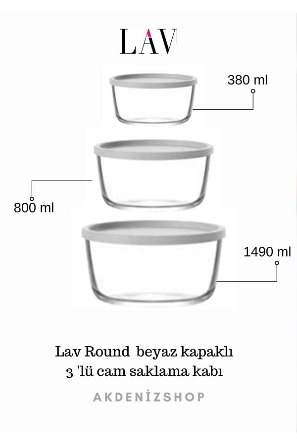 LAV-White Lid Round Storage Container Set (1490Cc - 800Cc - 380Cc) 1
