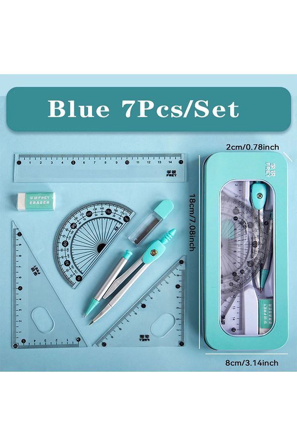 Choice-Sky Blue 7 Pcs Compass And Ruler Sets Triangle Ruler Protractor Rubber Student Exam Specific Ruler B 1