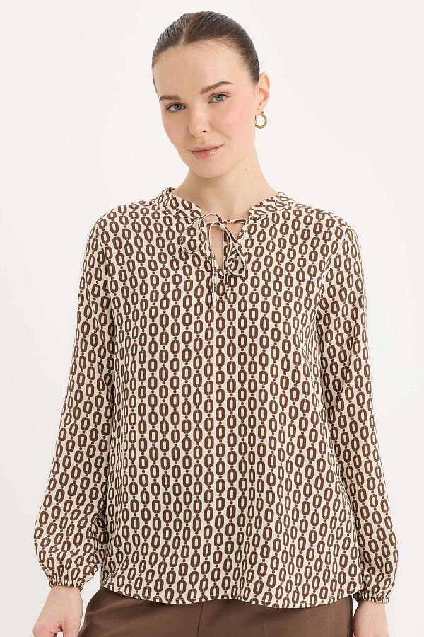 DeFacto-Regular Fit Lace-Up Collar Patterned Long Sleeve Blouse N1809Az25Sp 1