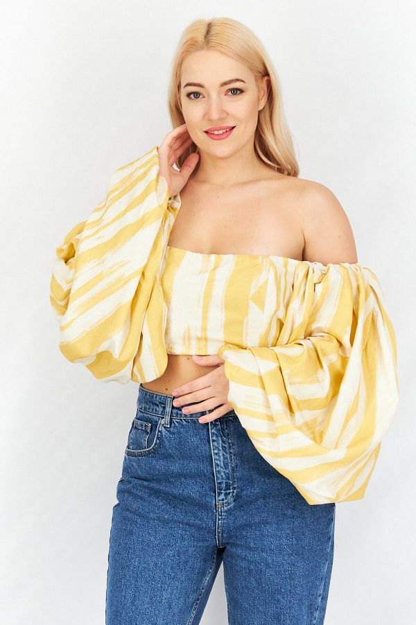 Asos Design-Women Off Shoulder Puff Sleeve Stripe Crop Top, Mustard 1