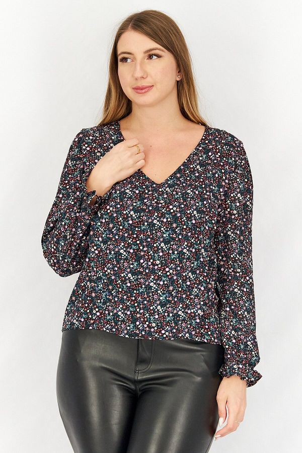Naf Naf-Women V Neck Long Sleeve Floral Print Tops, Black Combo 1
