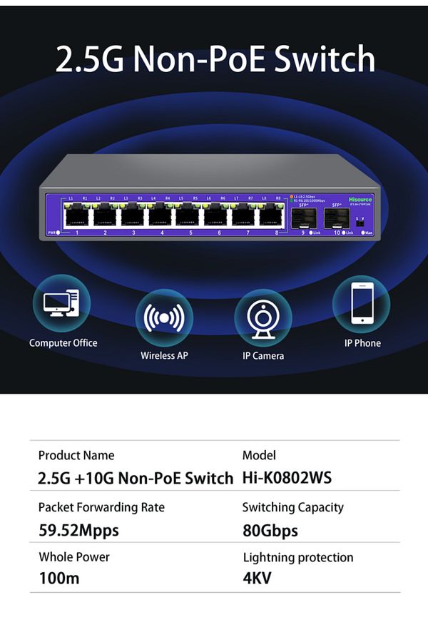 Choice-K0802ws Eu Plug Hisource 5 8 Port 2.5g Ethernet Switch None-poe Network Switch With 2*10g Sfp For 1