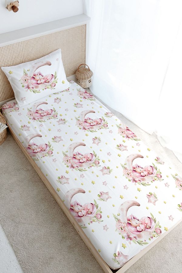 Tuğba Kuğu-Single Elastic Sheet Set - for Baby Series - Unicorn Sleeping on the Moon 1