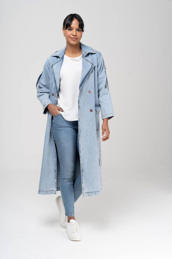 Olcay-Zweireihiger, übergroßer Denim-Trenchcoat mit Schulterklappen, BLAU 6592 1