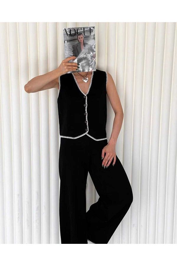miss pera-Women's Embroidery Detailed Knitwear Vest Set 1