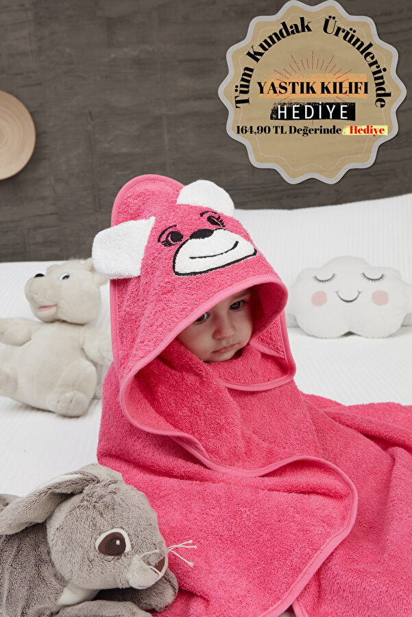 Mislina Home Pupy Bear Pamuklu Kapşonlu Kız-erkek Yenidoğan Bebek Kundak Havlusu Nakış Işlemeli Fuşya 100x100cm
