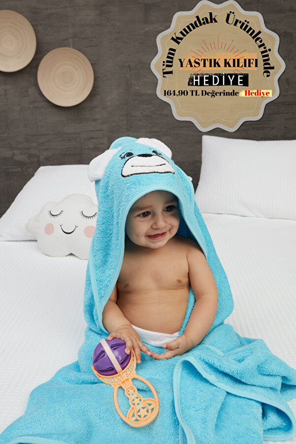 Mislina Home Pupy Bear Pamuklu Kapşonlu Kız-erkek Yenidoğan Bebek Kundak Havlusu Nakış Işlemeli Turkuaz 100x100cm