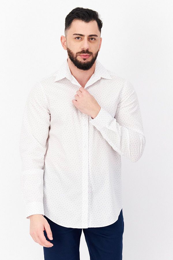 Calvin Klein-قميص رجالي بقصّة Slim Fit بأكمام طويلة وطبعة كاملة، أبيض 1