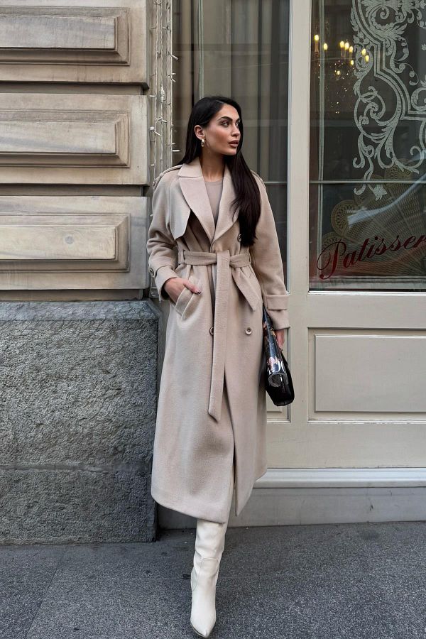 Olcay-BEIGE Double Breasted Coat - Epaulet and Cape Detail, Raglan Sleeve 3045 1