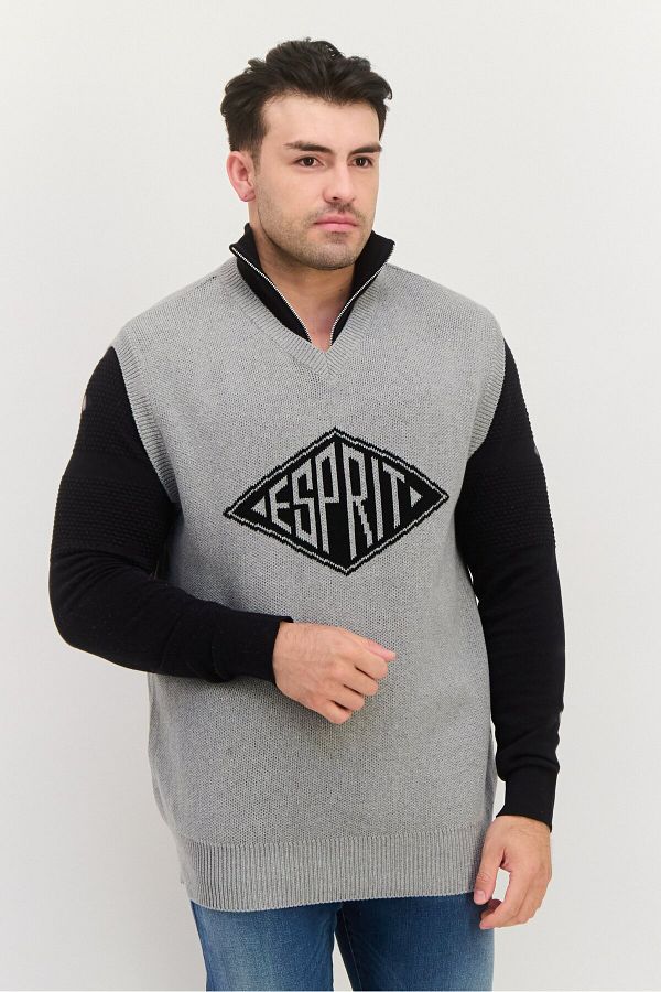 Esprit-Men V-neck Brand Logo Long Sleeveless Vest, Grey 1