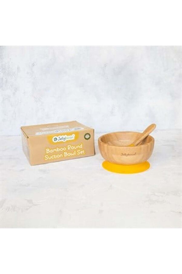Jellyboon Bambu Yuvarlak Sarı Vakumlu Kase Kaşık Seti