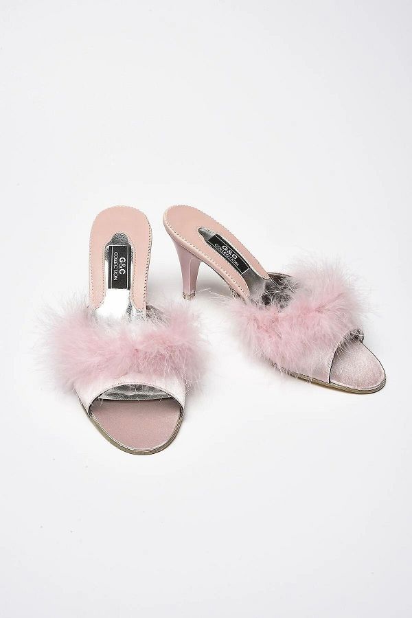 GC-Slippers 155 Women's Furry Front Heeled House Slippers-powder 1