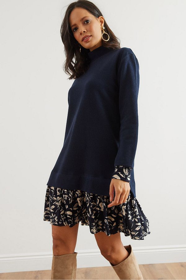 Olalook-Navy Blue Beige Floral Print Women's Thessaloniki Dress - Elb- 19000965 1