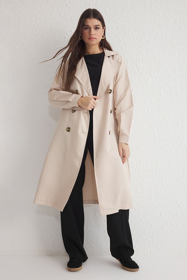 Trendyol Collection-Dlouhý trenčkot s béžovým páskem TWOAW24TR00003 1