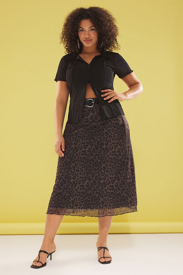 Trendyol Curve-Plus Size Khaki A-Line Leopard Print Tulle Skirt - Tbbaw25Az00006 1