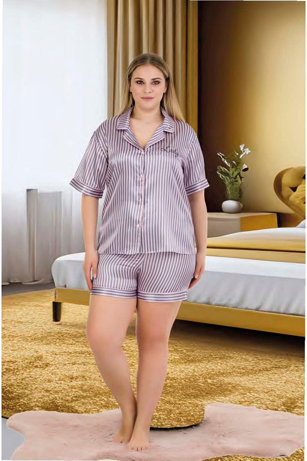 tarzımsüper-Plus Size Satin Pajamas Set - Luxury Bottom-Top Set with Shorts, Button, 2 1