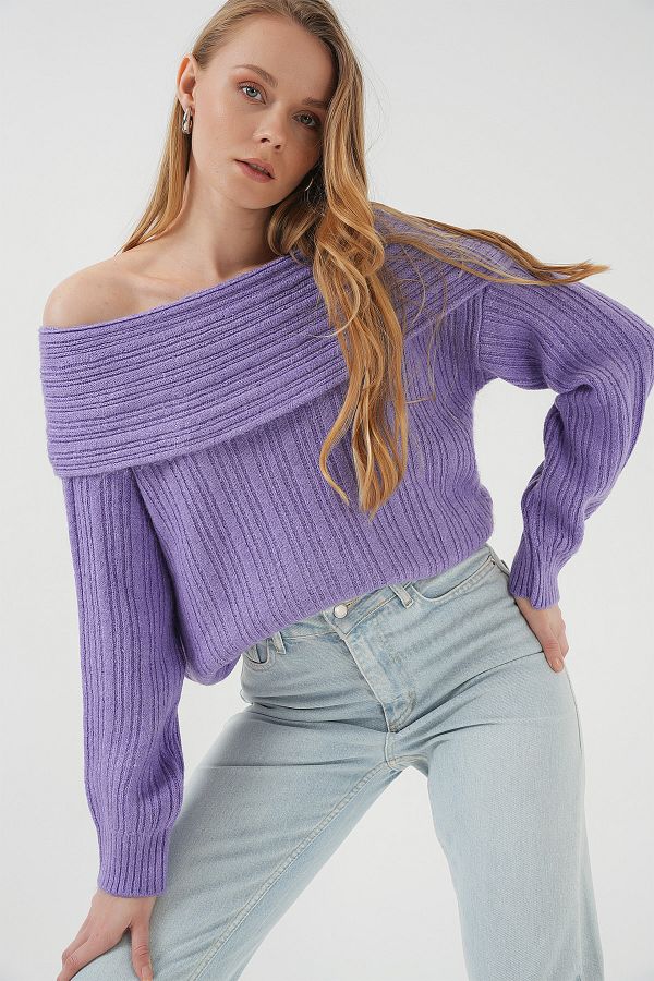 Bigdart-15908 Women's Open Shoulder Oversize Knitwear Sweater - Lilac 1