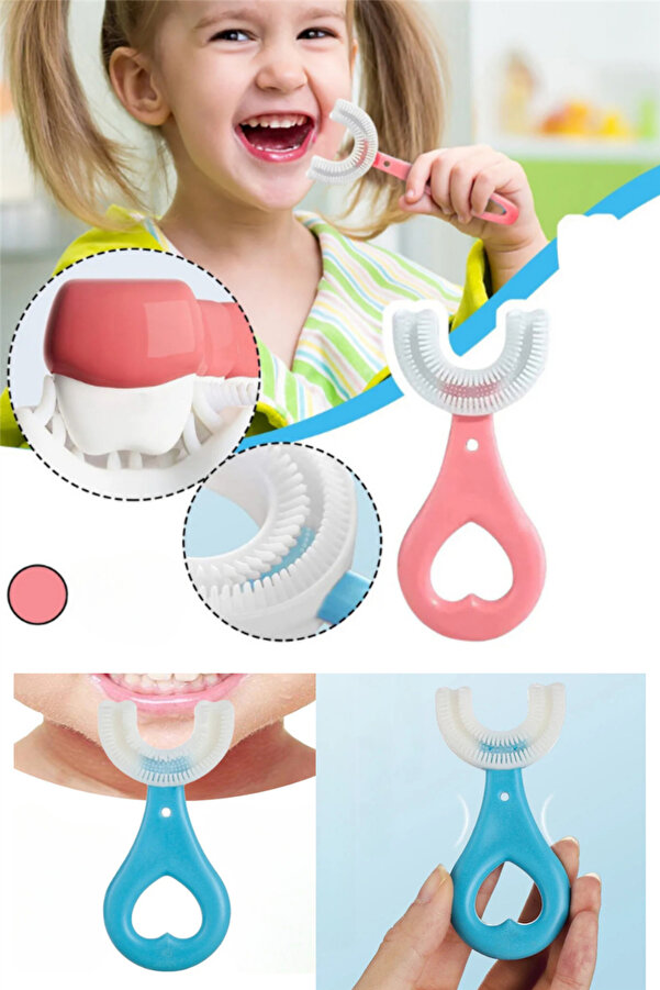 omilife Çocuk Diş Fırçası U Şeklinde Pratik Bebek Diş Fırçası Saplı 2-6 Yaş PEMBE 360 Derece Dönebilen