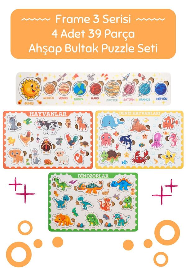Hopiers Montessori Frame 3 Bultak Ahşap Puzzle Seti / Eğitici ve Zeka Geliştirici Oyuncak