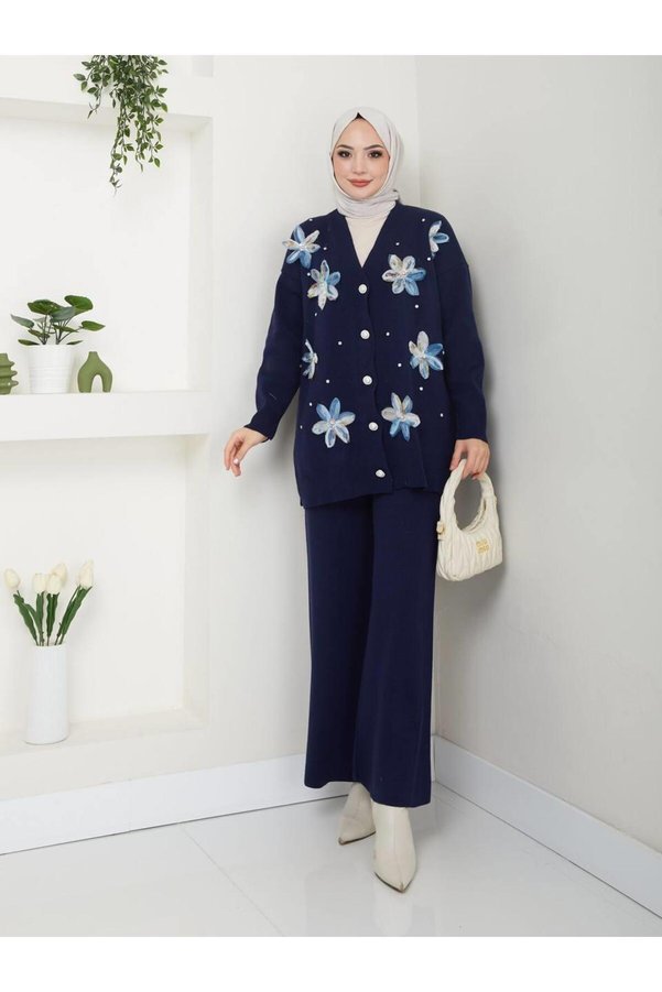 moda periy Semela Women's Floral Cardigan Trousers Double Hijab Knitwear Set Hijab Combination