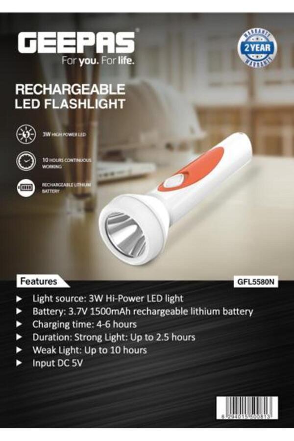 Geepas-Rechargeable LED Flashlight- Rechargeable Lithium Battery and Easy to Use 1