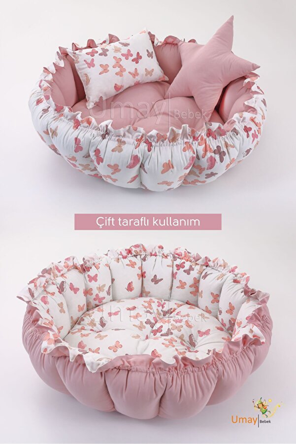 Umaybebek 3'lü Set Yatak Ve Yastık, Yuvarlak Babynest, Oyun Halısı, Bebek Yatağı