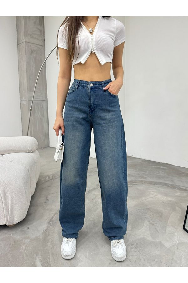 BİKELİFE-Locker geschnittene, bequeme Baggy-Jeanshose mit weitem Bein für Damen 1