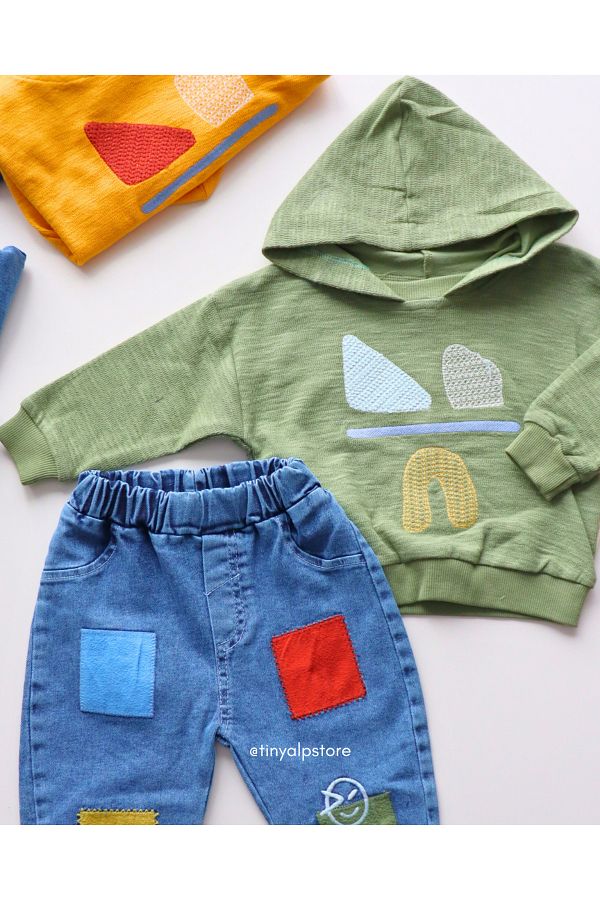 Necix's-Basic Asymmetrical Design Pattern Hooded Jeans Baby Boy Set of 2 1