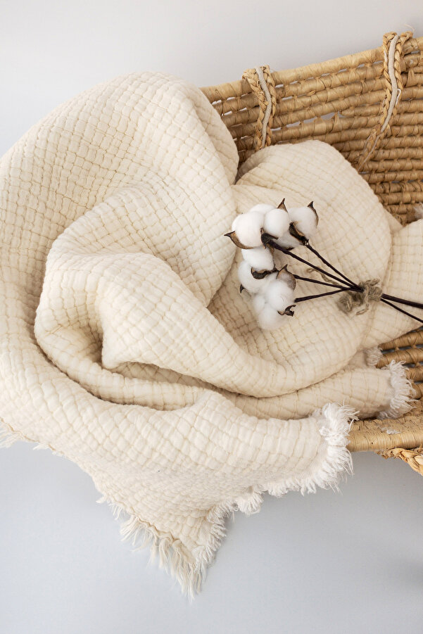 cekic kids 7 Katlı Elyaf Dolgulu %100 Pamuk Kalın Müslin Bebek Battaniyesi - Ekru Renk 120x120 Cm