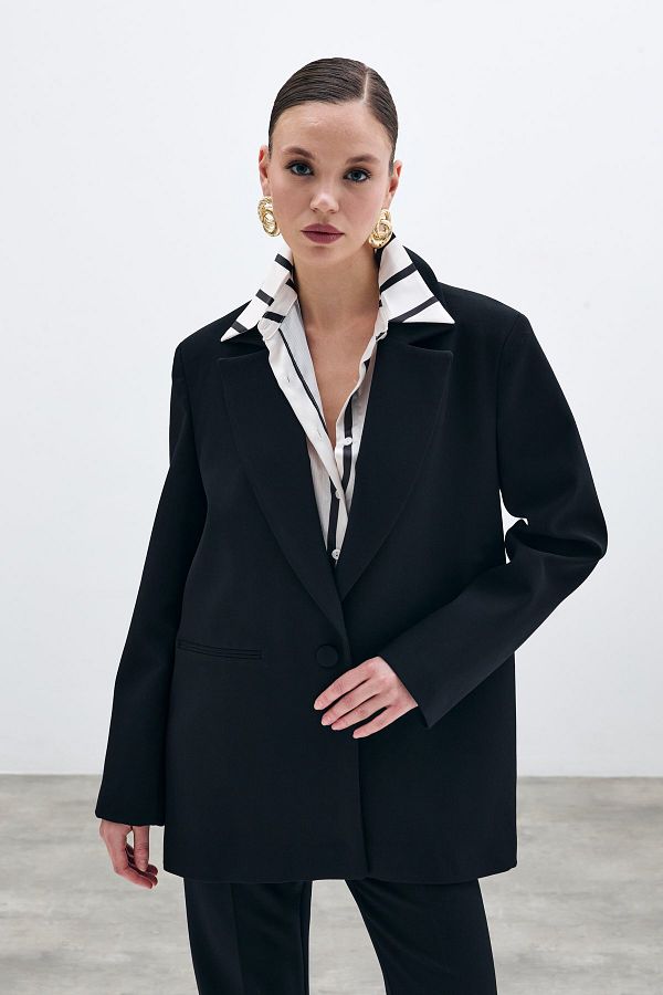 Sateen-Front Single Button Long Jacket - Black 1