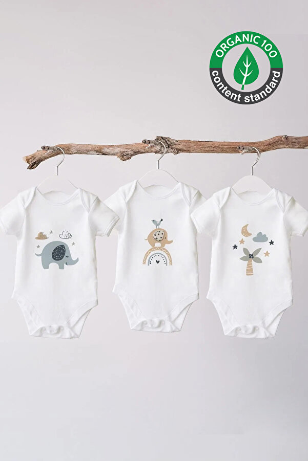 Lilabio %100 Organik Pamuk 3lü Baskılı Kısa Kollu Bebek Body Fil