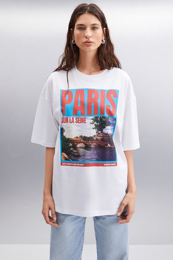 GRIMELANGE-Gladys Women - City Printed Oversize White T-Shirt, Organic Cotton, Crew Neck 1