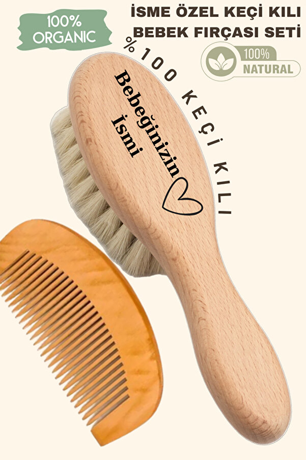 MEG Dry Brush İsme Özel %100 Doğal Ve Yumuşak Keçi Kılı Fırça Ve Ahşap Tarak Seti