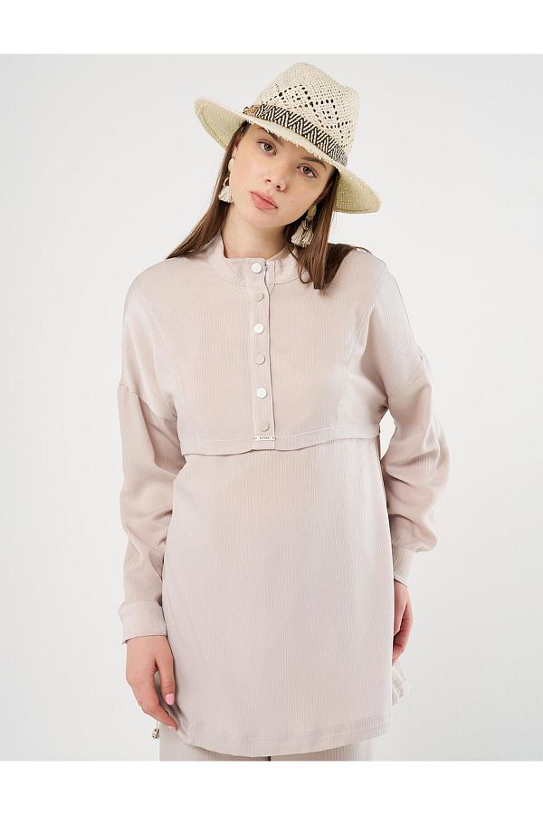 Kayra-Stone Stand Collar Snap Closure Sweatshirt 1