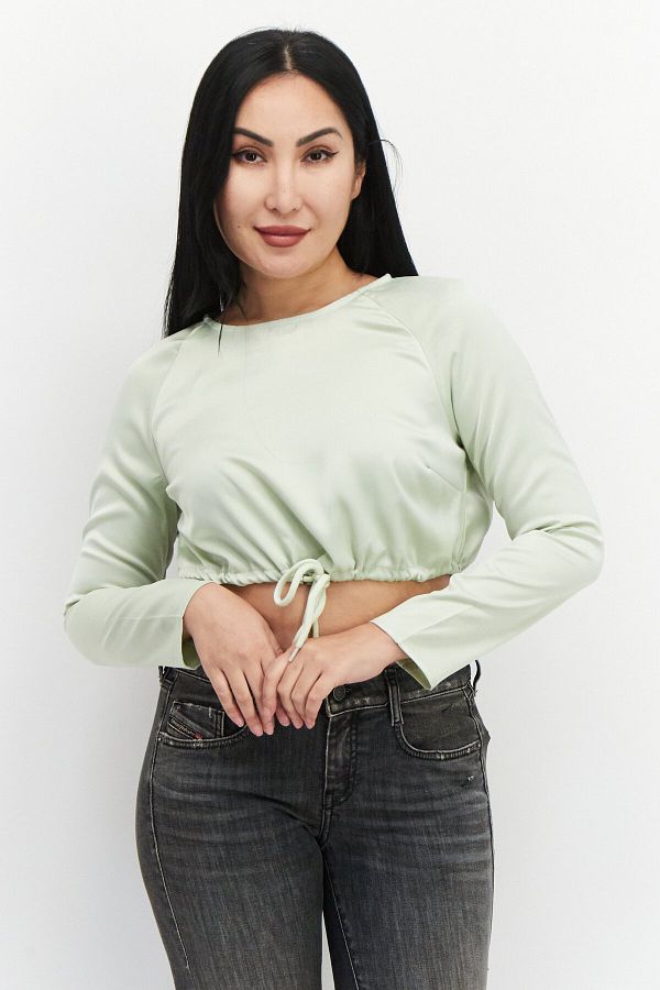 Missguided-Women Petite Round Neck Long Sleeves Plain Blouse, Mint Green 1