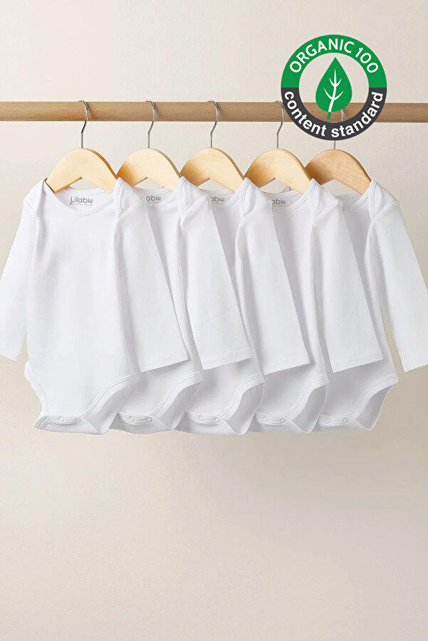 Lilabio %100 Organik Pamuk 5li Beyaz Uzun Kollu Bebek Body Zıbın