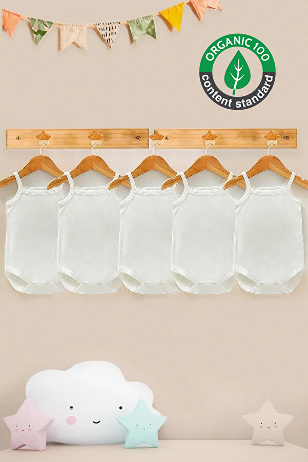 Lilabio %100 Organik Pamuk 5li Beyaz Askılı Bebek Body Zıbın