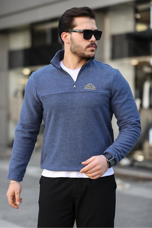 Miron-Blue Unisex Embroidered Stand Collar Half Zipper Fleece Sweatshirt- 2321 1