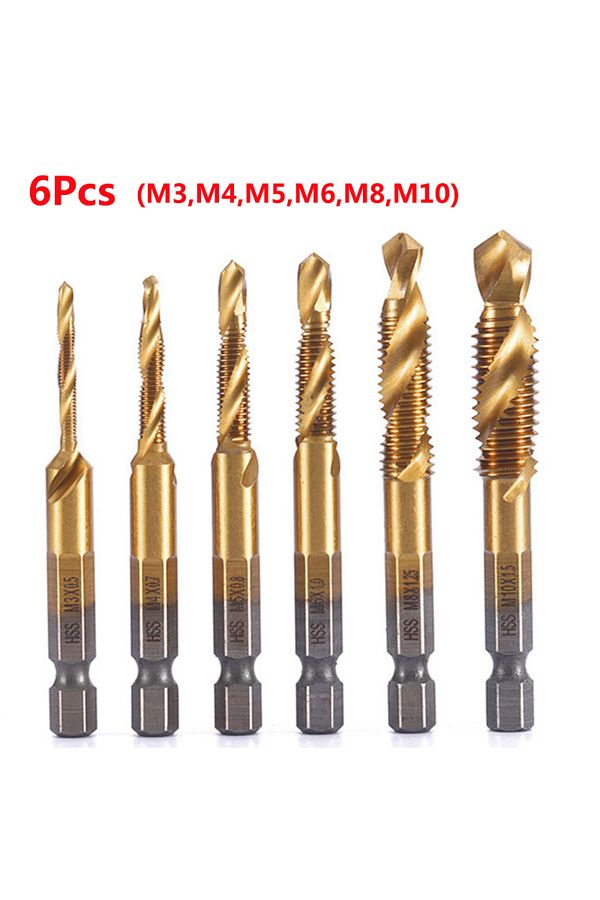 Fbiannely-Gold 6pcs 6pcs M3-m10 Screw Tap Drill Bits Hss Taps Countersink Deburr Set Metric Combination Bit Hi 1