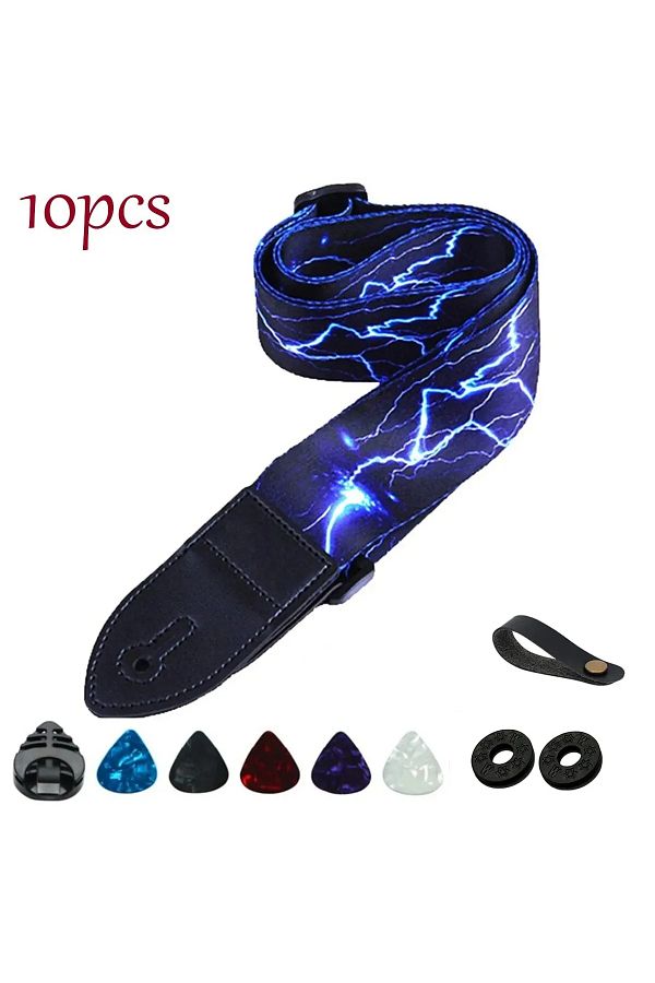 Choice-Lightning Strap 10pcs Soft Guitar Strap With 3 Pick Holders, Strap Button Headstock Adaptor, 1 Pair 1