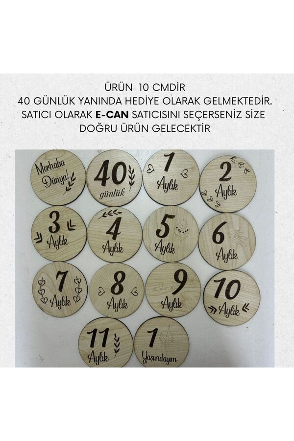 E CAN 40 Günlük Hediyeli 12 Aylık Plak Seti Ahşap Bebek Fotoğraf Anı Kartları