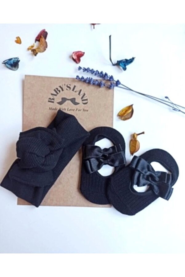 Babyland Kız Bebek çorap Siyah Ribanna Bandana ve Siyah Babet Çorap Seti