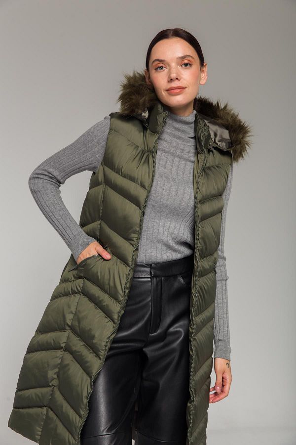 Olcay-Furry Removable Hooded Inflatable Vest Khaki 8192 1