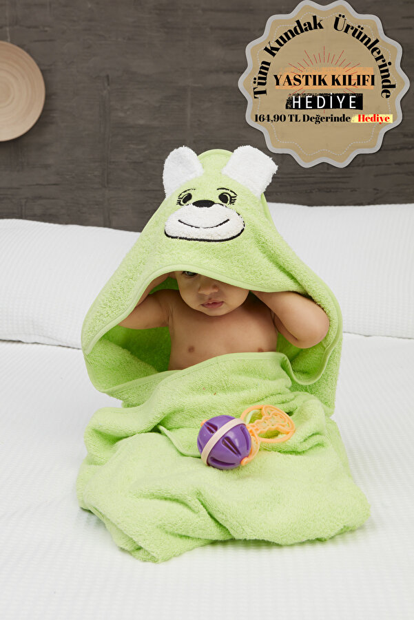 Mislina Home Pupy Bear Pamuklu Kapşonlu Kız-erkek Yenidoğan Bebek Kundak Havlusu Nakış Işlemeli Yeşil 100x100cm
