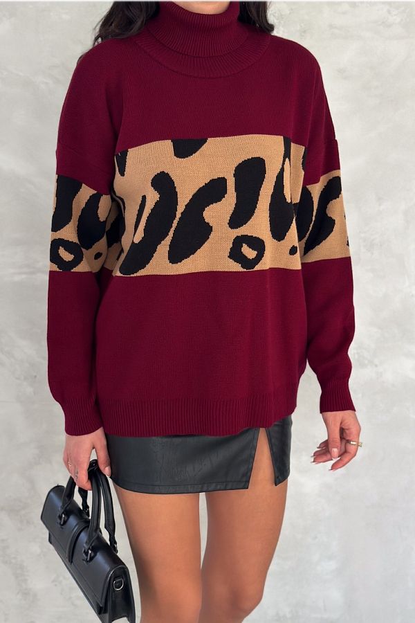 FEMELLE-Women's Burgundy Standard Size Leopard Print Turtleneck Knitwear Sweater 1
