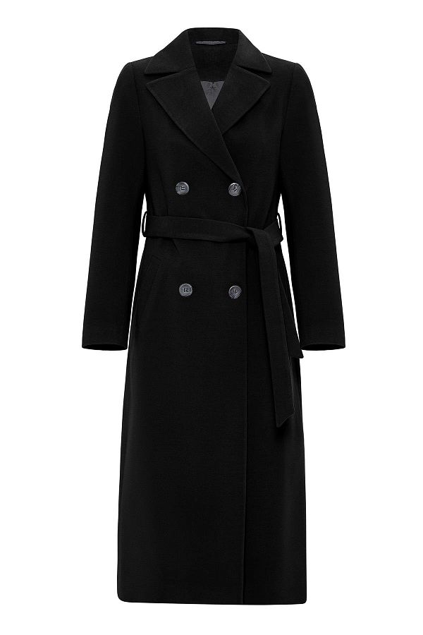 Concept.-Zweireihiger, an der Taille gebundener, mittellanger Mantel, Schwarz 3754 1