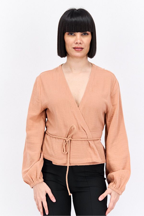 Passionata-Women Surplice Neck Long Sleeve Solid Blouse, Tan 1