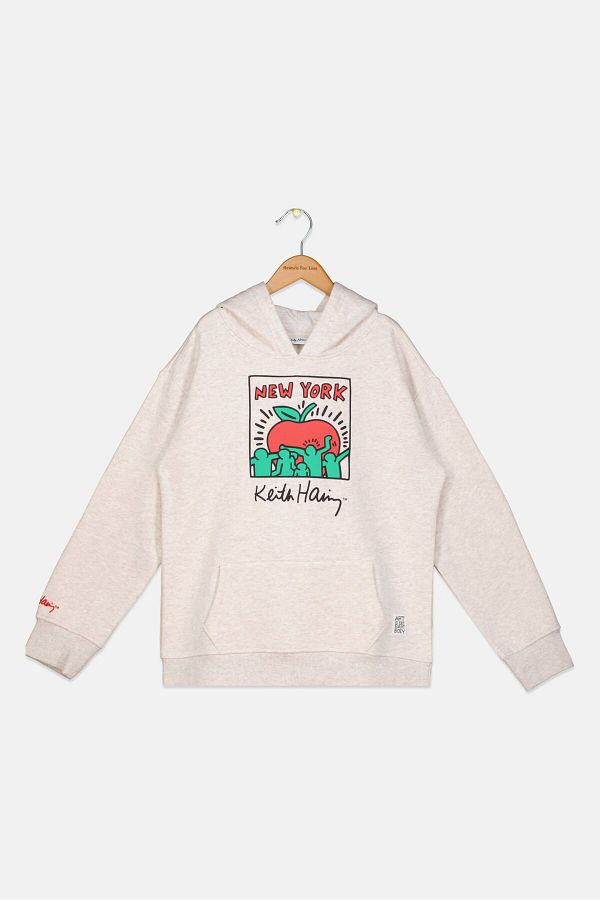 Keith Haring-Kids Boy Hooded Neck Long Sleeve Graphic Sweatshirt, Heather Oatmeal 1