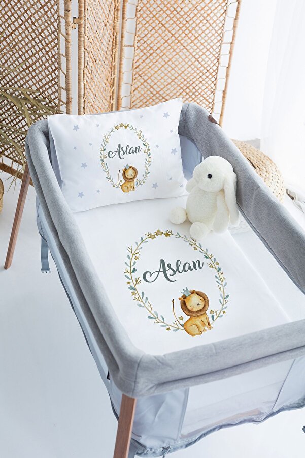 Lilabio %100 Pamuk Saten İsme Özel İsimli 70x120 Park Yatak Nevresim Seti Aslan Kral