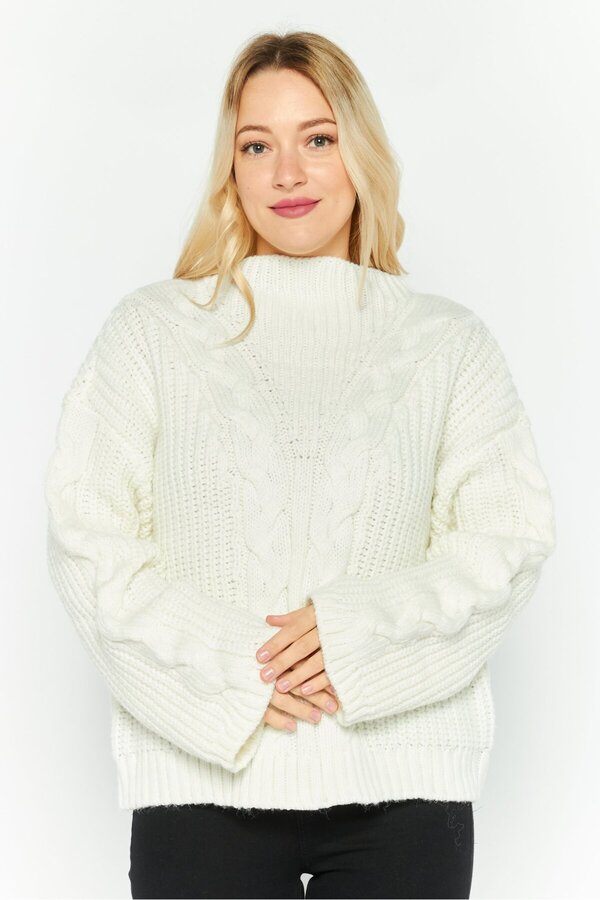 Dkny-Women Hight Neck Textured Sweater, White 1
